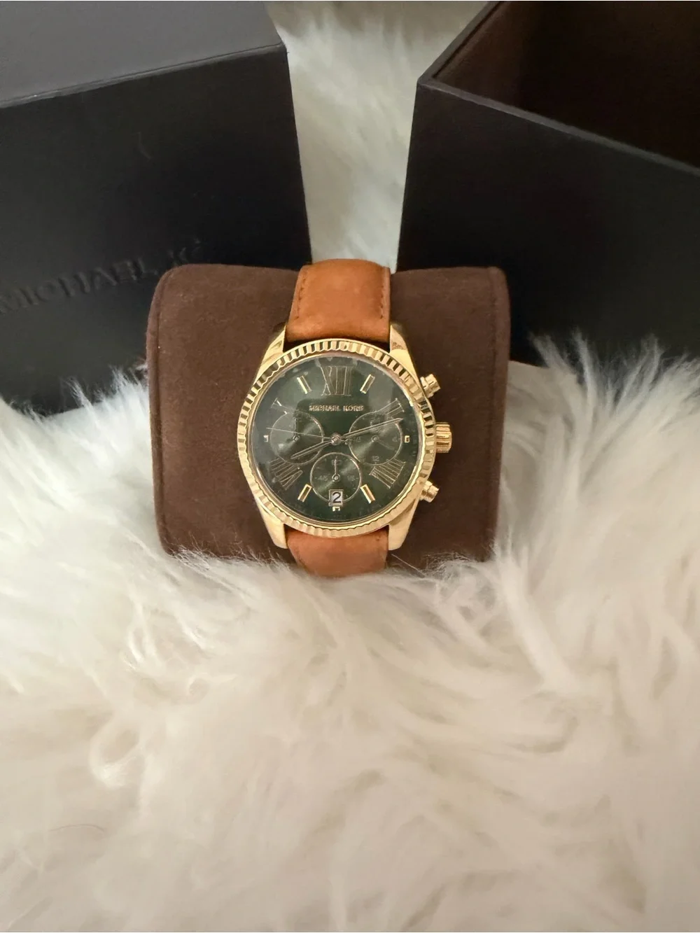 Michael Kors Gold-Tone Watch with Green Dial and Brown Leather Strap